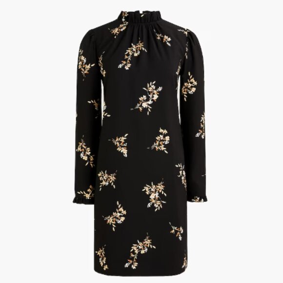 J. Crew Printed Ruffleneck Shift Dress Black Size 00 - Picture 1 of 4
